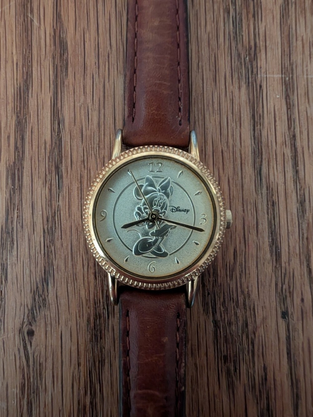 Disney Vintage  Minnie Mouse Gold Watch With Brown Leather Strap.